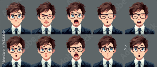 다양한 표정을 가진 안경 쓴 남성 캐릭터 일러스트 세트