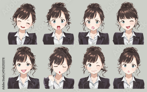 다양한 표정을 짓는 젊은 여성 비즈니스맨의 일러스트 세트