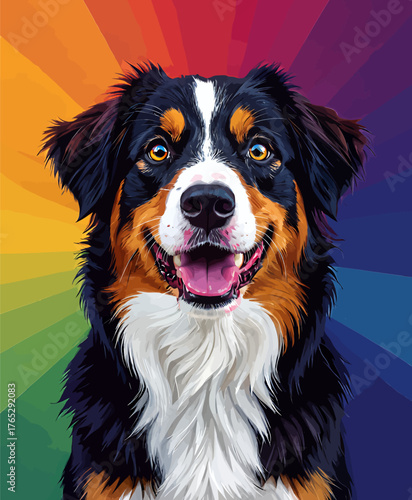 Colorful basset hound portrait with rainbow background, vibrant cartoon style