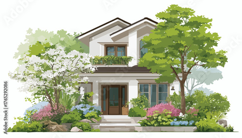 아름다운 정원과 나무로 둘러싸인 현대식 주택의 벡터 일러스트레이션