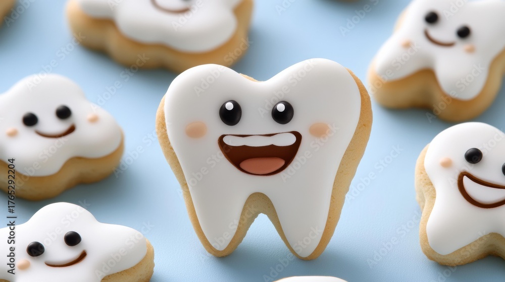 Fototapeta premium Several tooth-shaped cookies with white frosting and cute faces are arranged on a bright blue surface. AI.