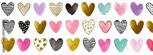 다양한 색상과 패턴의 하트 모양 벡터 일러스트가 줄지어 배열되어 있습니다