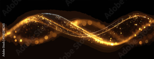 황금빛 빛줄기가 검은 배경 위에서 부드럽게 흐르는 추상적인 디자인