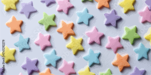 다채로운 파스텔 색상의 별 모양 스프링클이 배경을 가득 채우고 있습니다.
