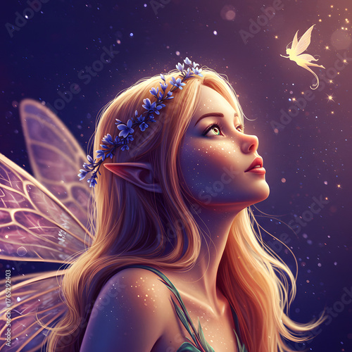 Fairy with glowing wings looking up dreamy composition