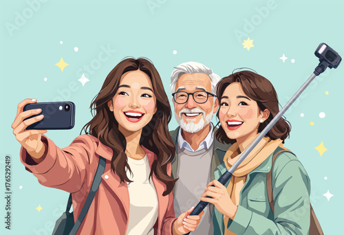 Colorful family selfie moment with smartphone and tripod stick, cheerful cartoon style