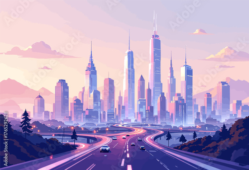Colorful futuristic cityscape at dusk with glowing highways and skyscrapers