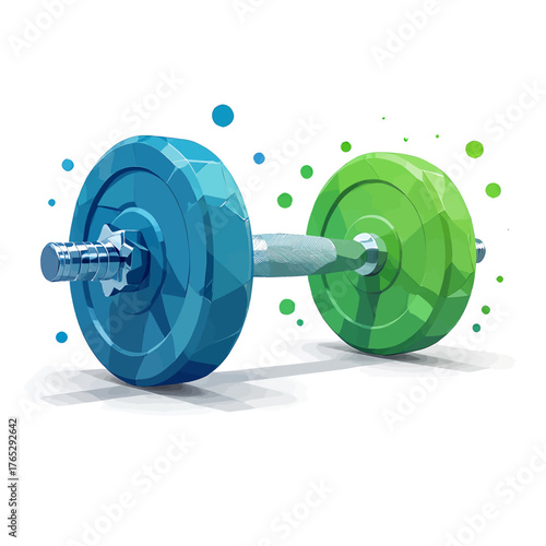 Colorful geometric dumbbell weights, fitness exercise equipment, isolated on white background