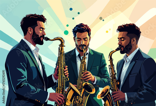 Colorful jazz musicians playing saxophones together in vibrant abstract background