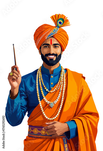Colorful Indian man with turban holding stick, traditional attire, isolated