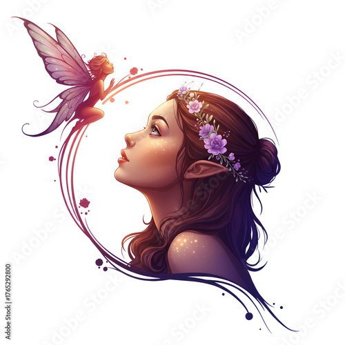 Illustration of a woman and a fairy in an artistic composition with a transparent background