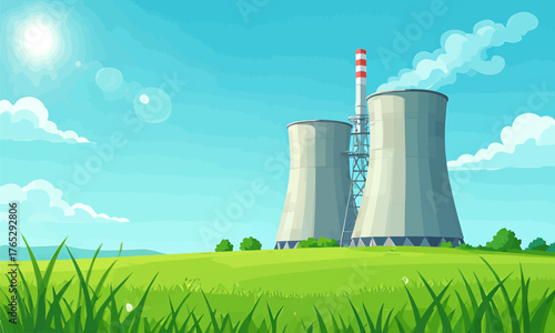 Colorful nuclear power plant with cooling towers on green hillside under sunny sky