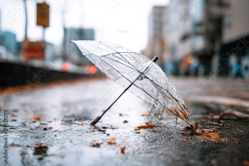 Rain-soaked umbrella lying abandoned on street
