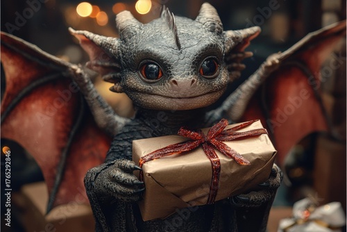 A small winged dragon holds a gift wrapped in tan paper with a red ribbon bow. AI.