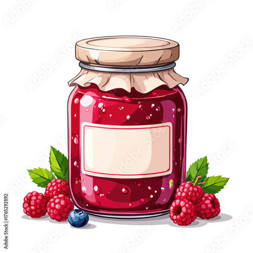 Colorful raspberry jam jar with fresh berries, cartoon-style illustration, isolated