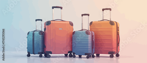 Colorful travel suitcases lined up, modern minimalist design, isolated on gradient background