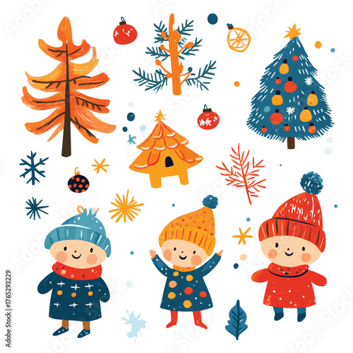 Cute Christmas children's drawing on a white background   , vector style simple color