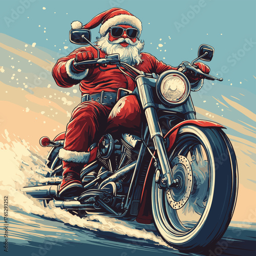 Santa Claus drives a motorcycle chopper on Christmas Day.   , vector style simple color