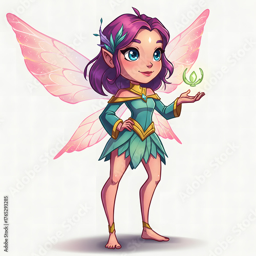 Cartoon fairy illustration with wings and glowing orb isolated on transparent background