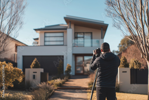 Videographer capturing footage of modern house exterior