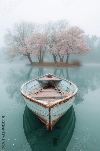 A light blue rowboat floats on calm water. In the background are trees in bloom on an island shrouded in fog. AI.