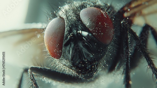 Macro shot of a fly. The insect has large, patterned red eyes and black, hairy legs. AI.