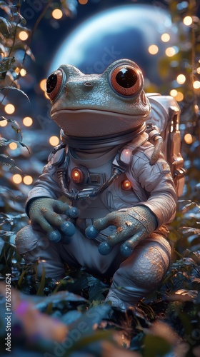 Frog with backpack and helmet sits among purple flowers. AI.