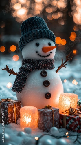 A snowman with a red hat and scarf stands amid wrapped gifts. White sugar cubes are scattered around the base. AI.