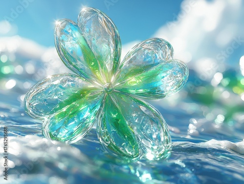 A glass-like four-leaf clover is set against a bright, cloudy sky, resting on a surface with wave-like ripples. AI.