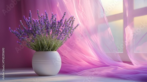 Purple flowers in a white vase sit on a pink cloth. The backdrop is a muted blue and pink. AI.