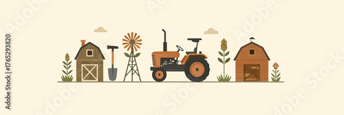Flat farming scene with tractor barns windmill and tools, isolated