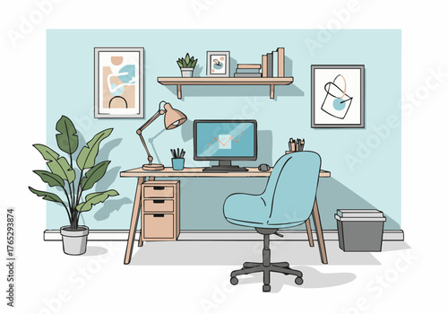 Illustration of a tidy home office setup with a computer, desk, chair, plant, and decorative wall art in a light blue color scheme.