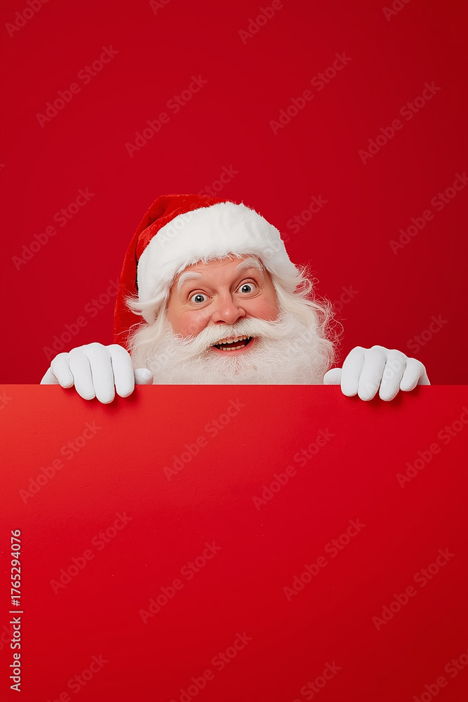 Naklejka premium A cheerful Santa Claus character peeking playfully over a red surface against a bright red background. Santa’s face is visible with wide, joyful eyes, rosy cheeks, and a fluffy white beard. 