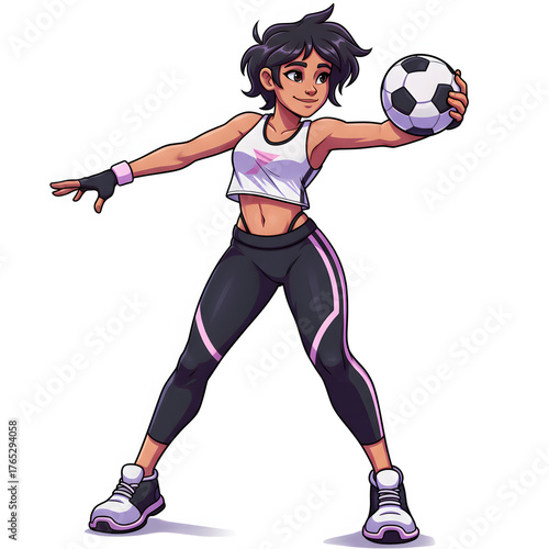 Woman in sports attire holding soccer ball isolated on transparent background