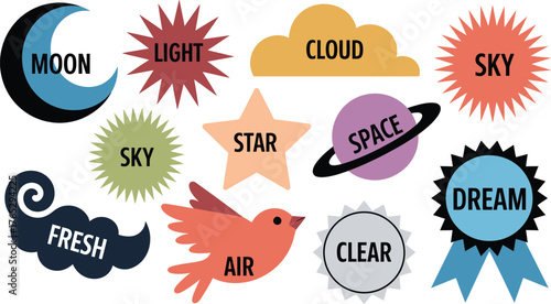 Colorful Illustration of Sky, Light, Moon, Bird, and Star Shapes with Word Descriptions Around Them