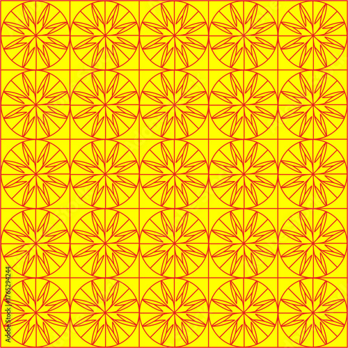 A mesmerizing geometric pattern of golden-yellow and red circular motifs radiating energy, balance, and endless cycles of cosmic light and unity.