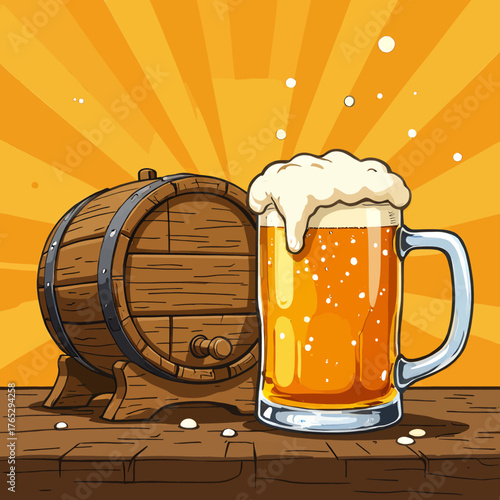 Golden beer mug overflowing with foam beside wooden barrel on rustic table