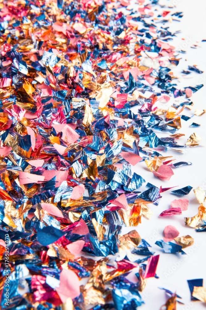 Fototapeta premium Colorful metallic and paper confetti scattered on white surface creating festive bright celebration mood