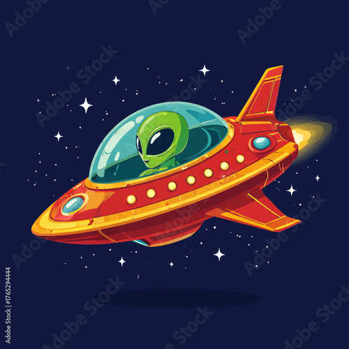 Green alien pilot in red spaceship flying through starry space, cartoon style