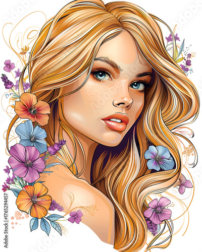 Wallpaper Mural A woman with long blonde hair and a flowery background Torontodigital.ca