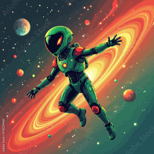 Green astronaut floating through cosmic swirls with glowing helmet, vibrant space art