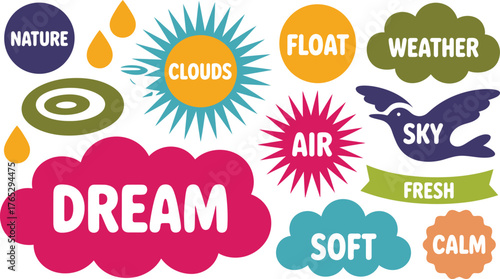 Colorful Nature and Weather Icons Nature, Clouds, Dream, Sky, Air, Calm, Fresh Elements