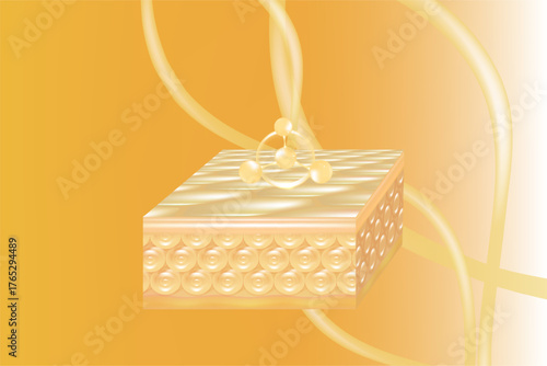 Hyaluronic acid and Niacinamide skin solutions ad, gold collagen serum drops into skin cell with cosmetic advertising background ready to use, illustration vector.	