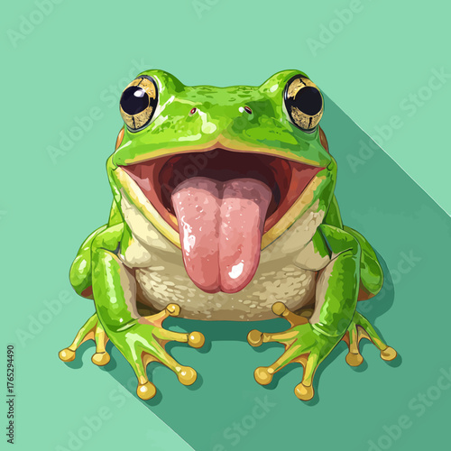 Green frog with tongue out, cartoon style, playful animal character, isolated on teal background
