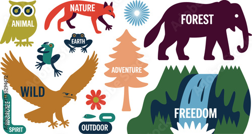 Colorful Nature Icons Depicting Wildlife, Adventure, and the Natural World in Flat Style