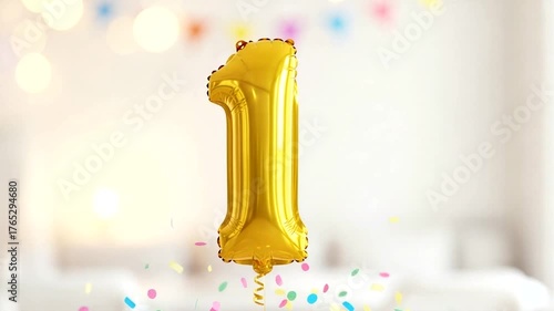 Golden number one balloon floating in a bright, festive room decorated with colorful confetti