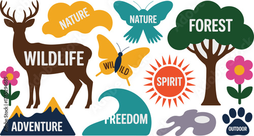 Colorful NatureThemed Illustration Featuring Deer, Butterfly, Forest, Sun, and Various Words and Symbols