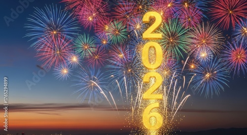 Vibrant fireworks display illuminates the night sky welcoming the new year