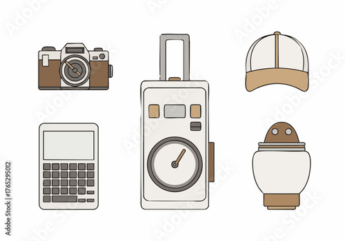 A collection of vintage-style icons featuring a camera, calculator, device with a gauge, baseball cap, and a candle holder, all in muted brown and white tones.