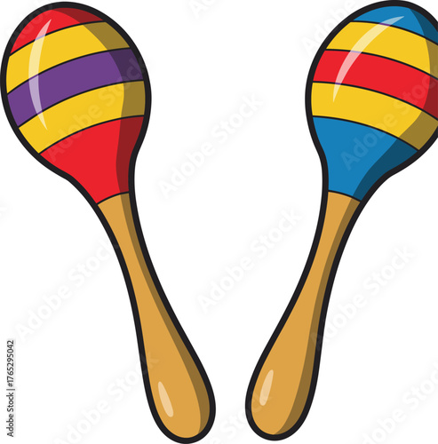 Colorful maracas illustration, Latin percussion instrument, festive music icon, striped wooden handles, rhythmic sound vector, cultural celebration graphic, cartoon-style musical design